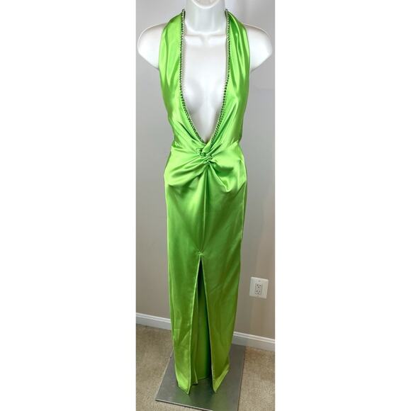 KHANUMS Halter Neck Crystal Embellished Deep V Pear Green Maxi Gown Size XS - Picture 3 of 16